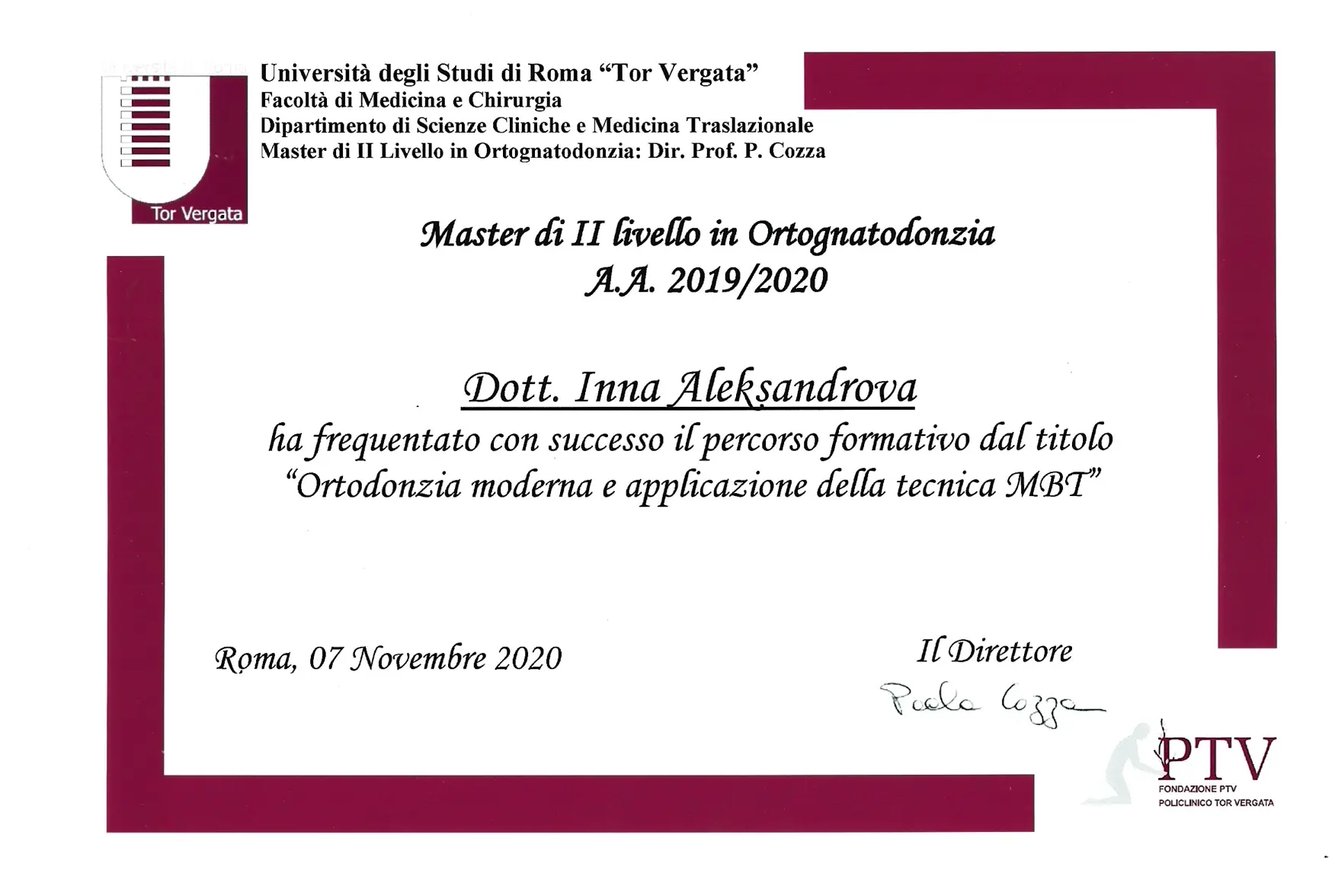 Certificato PTV Tor Vergata Roma